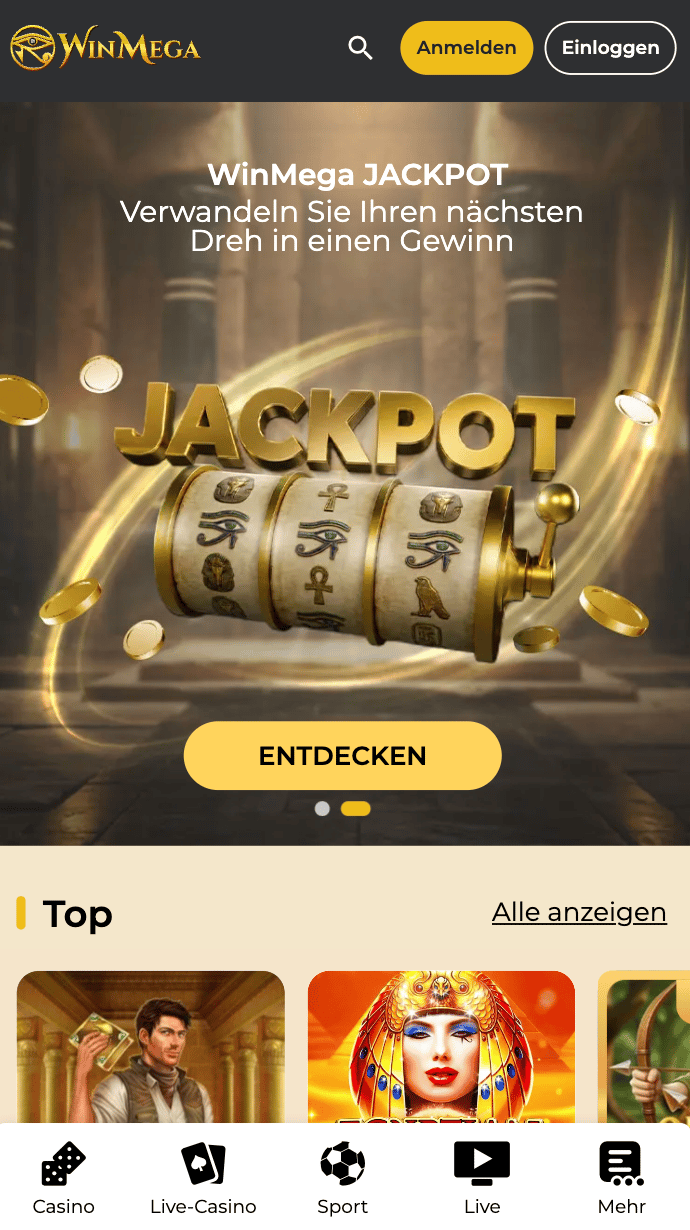 Startseite des Win Mega Casinos zeigt Jackpot und Casino Bereiche