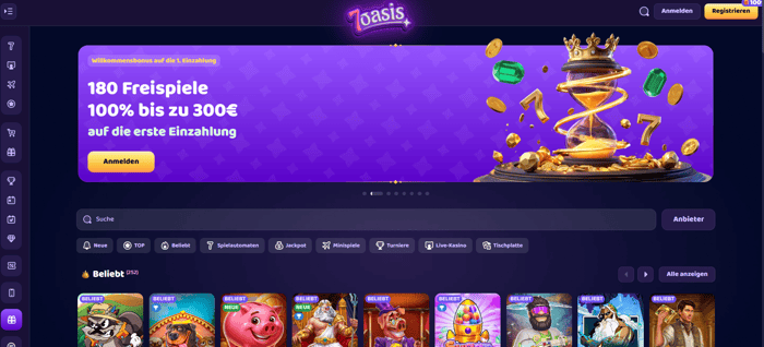 Screenshot vom 7Oasis Casino mit der Startseite, auf welcher man die Slots und den Willkommensbonus sieht.
