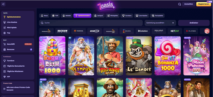 7Oasis Casino Screenshot mit der Spieleseite.