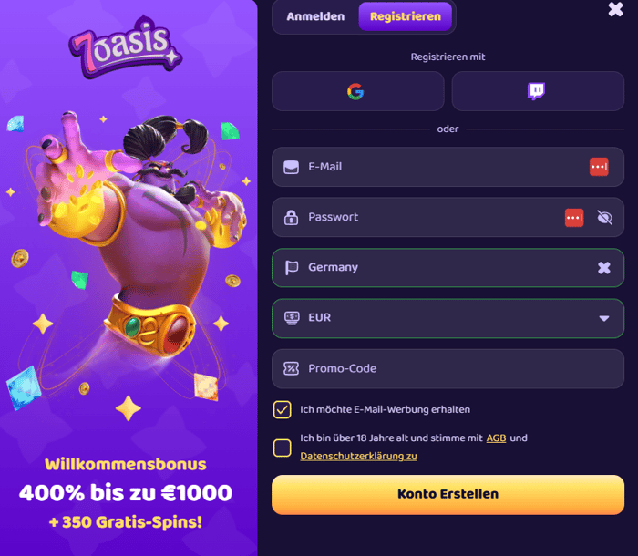 7Oasis Screenshot mit der Seite zum Registrieren,