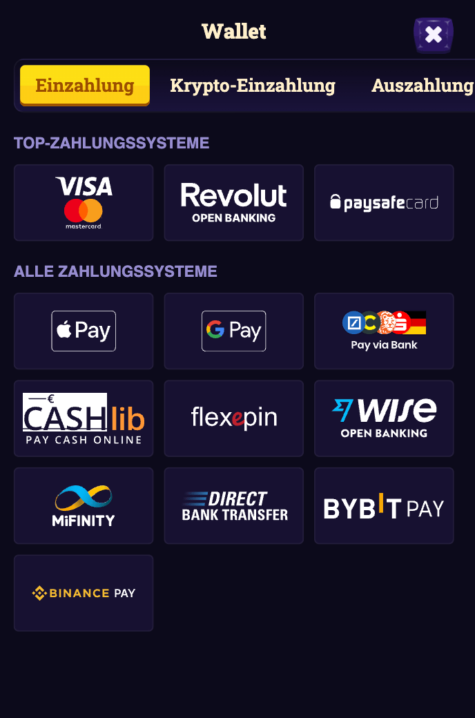 Beispiel für die Einzahlugsmethoden in einem neuen Online Casino