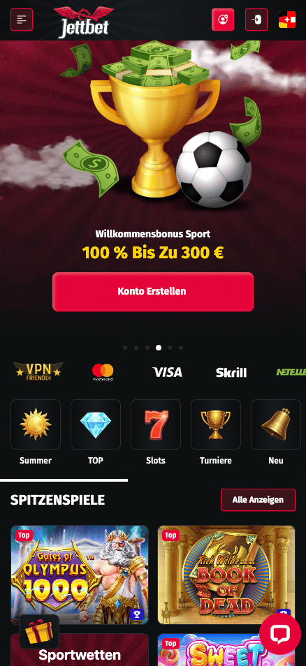 Startseite im Jettbet Casino zeigt Willkommensbonus und Spitzenspiele