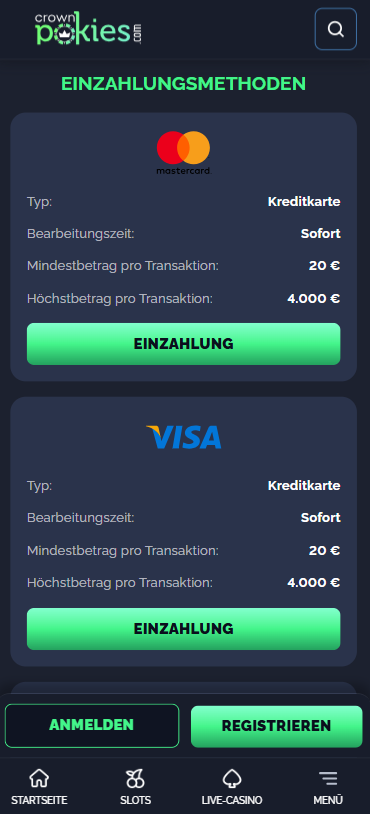 Screenshot vom Crown Pokies Casino mit dem Einzahlungsbereich.