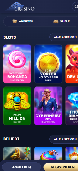 Spiellobby im Crusino Casino zeigt Slots wie Sweet Rush Bonanza neben Spieleanbietern und anderen Spielkategorien