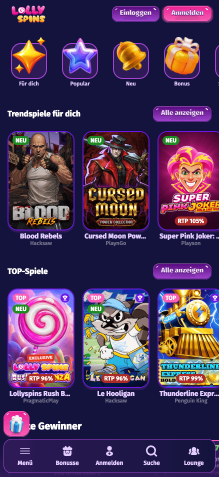 Startseite im Lolly Spins Casino zeigt top Spiele und Trendspiele