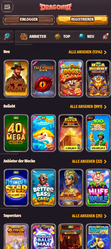 Spielloby im Dragonia Casino zeigt neue Spiele wie Book of Glory neben anderen Spielkategorien