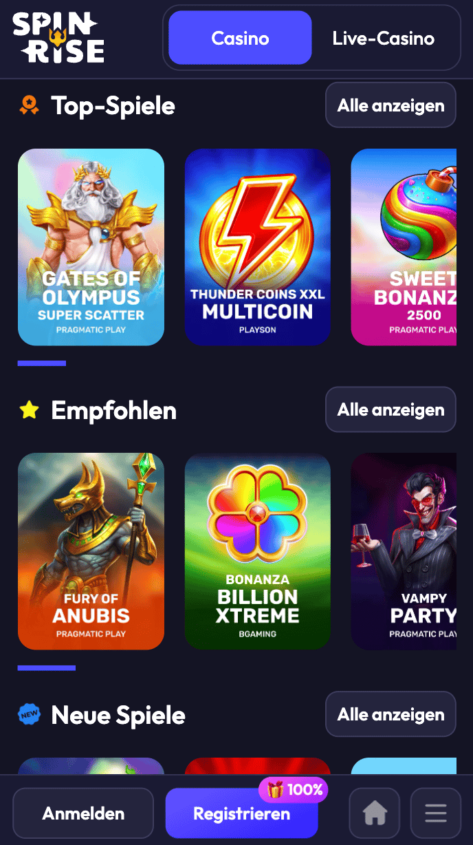 Spiellobby im Spinrise Casino zeigt Spiele wie Gates of Olympus neben anderen Spielkategorien