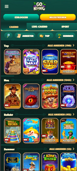 Spiellobby im Go Kong Casino zeigt top Spiele wie Book of the Fallen neben anderen Spielkategorien