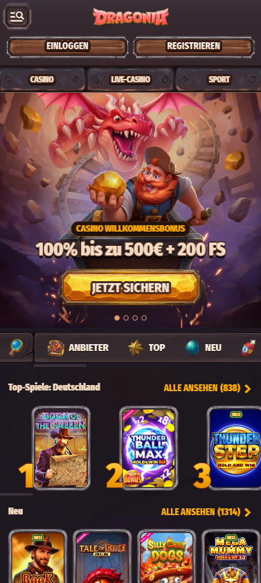 Startseite im Dragonia Casino zeigt Willkommensbonus neben anderen Casino Bereichen