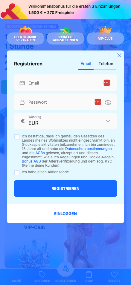 Anmeldeformular im Ice Casino