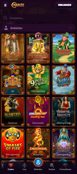Spiellobby im Chanze Casino zeigt Spiele wie Book of Dead mit Anbieterfilter