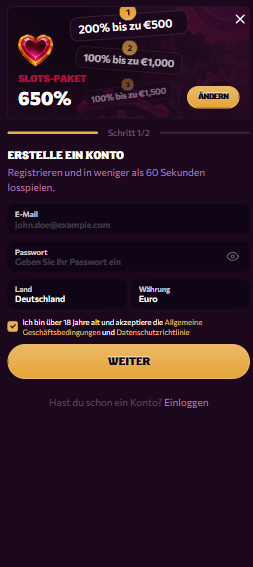 Anmeldeformular im Chanze Casino