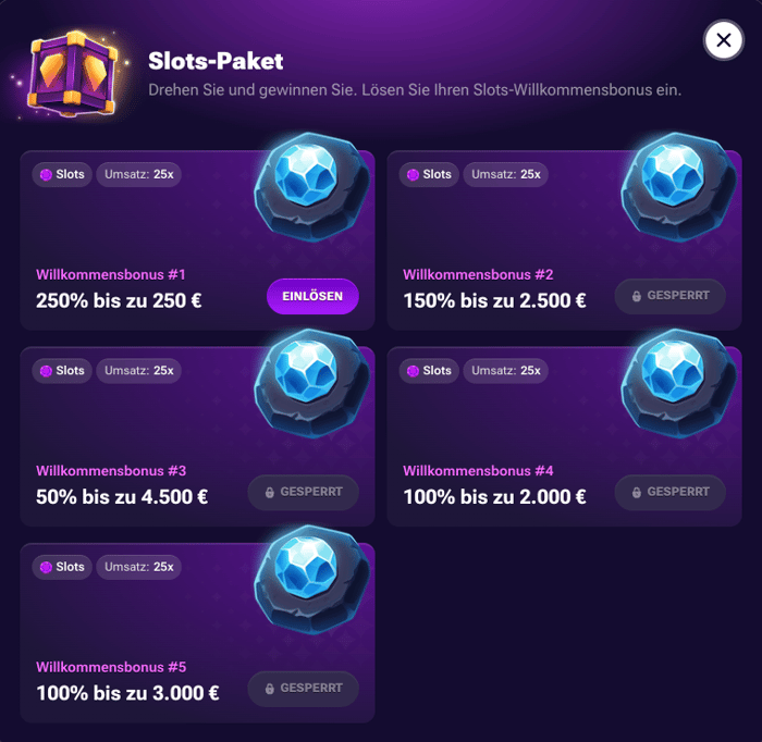 Bonuspaket auf die ersten fünf Einzahlungen im Sofort Casino Spintime