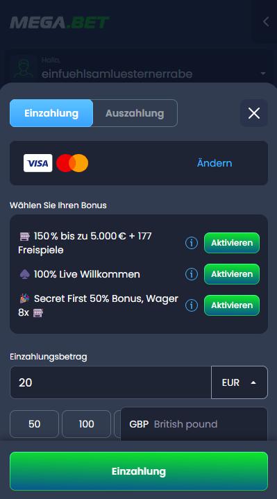 Megabet Screenshot mit dem Zahlungsbereich.