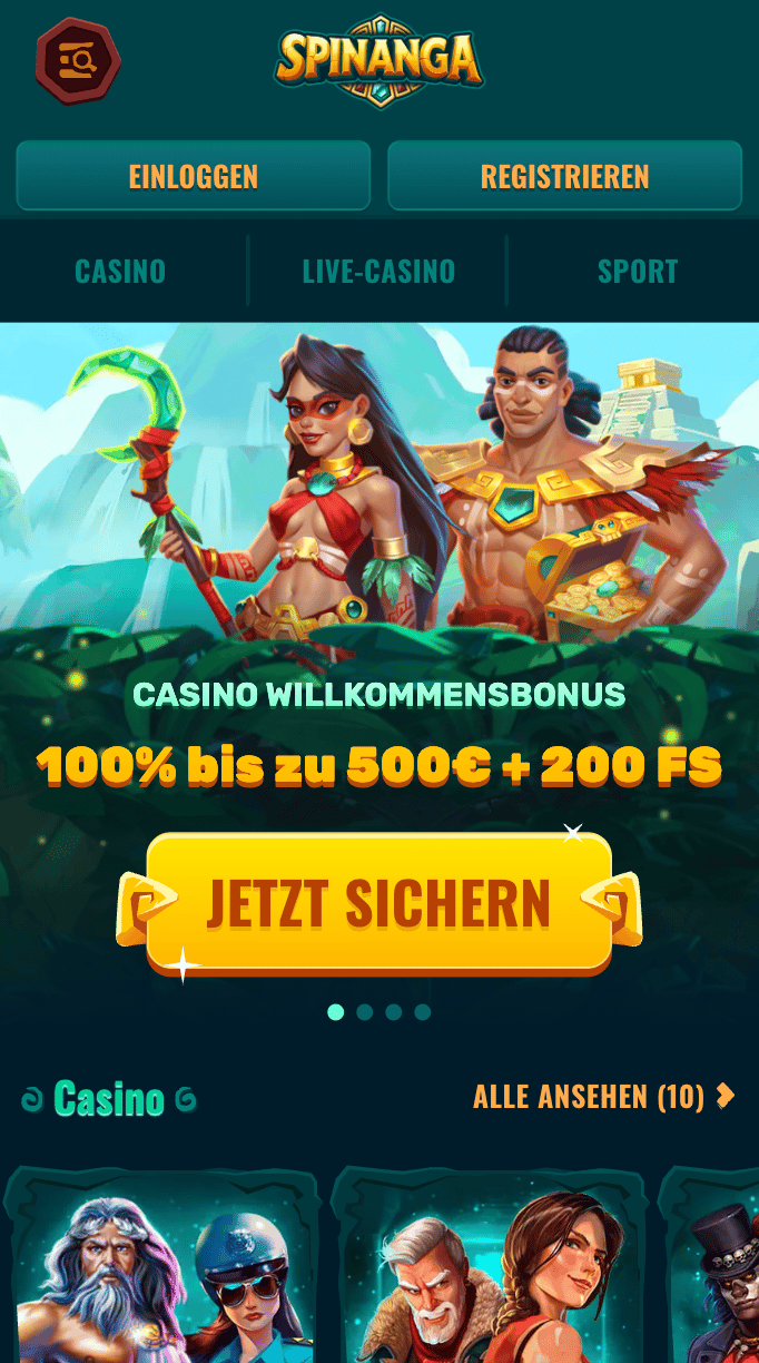 Startseite im Spinanga Casino zeigt Willkommensbonus und Casino Spiele