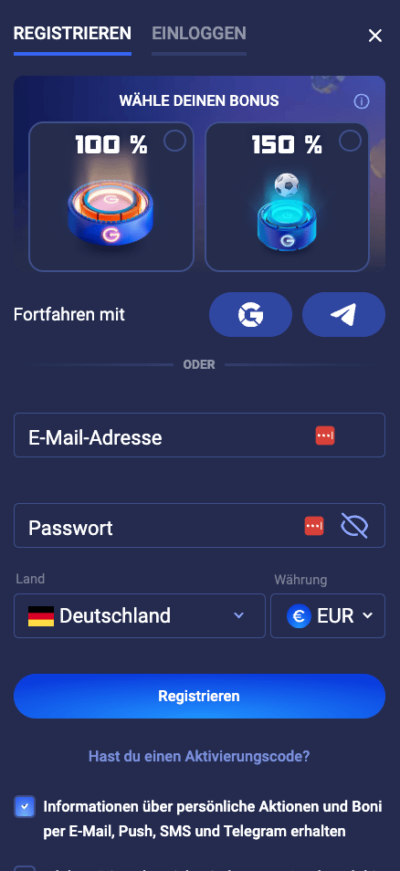 Anmeldeformular im Legzo Casino