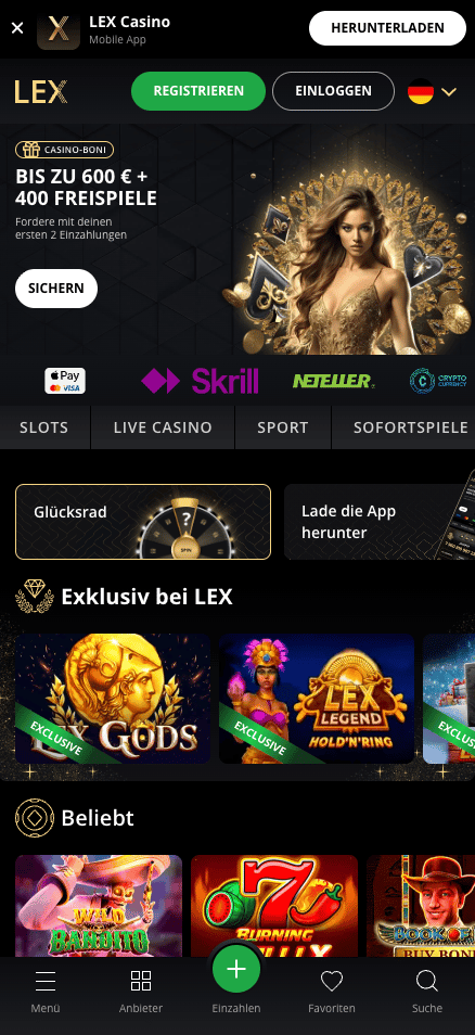 Startseite im Lex Casino zeigt Willkommensbonus, exklusive und beliebte Spiele