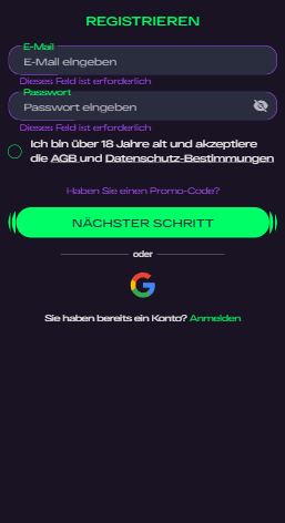 Anmeldeformular im Glitchspin Casino