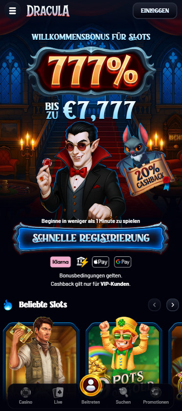 Startseite im Dracula Casino zeigt Willkommensbonus und Besonderheiten des Casinos