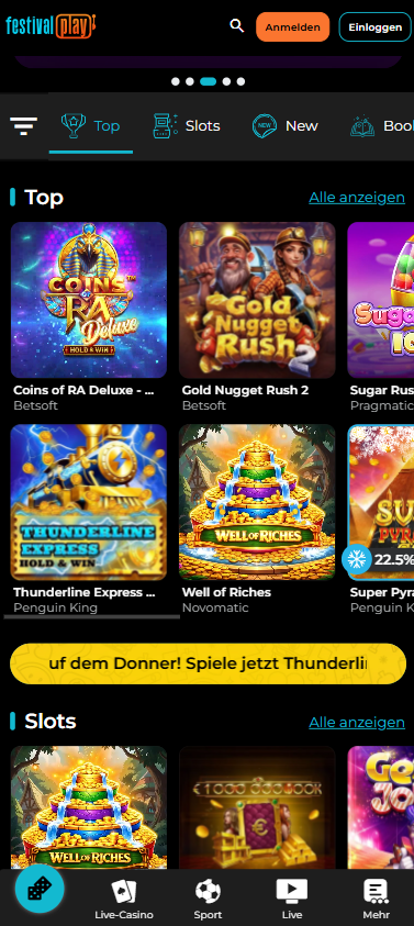 Spiellobby im FestivalPlay Casino zeigt top Spiele wie Well of Riches neben anderen Spielkategorien