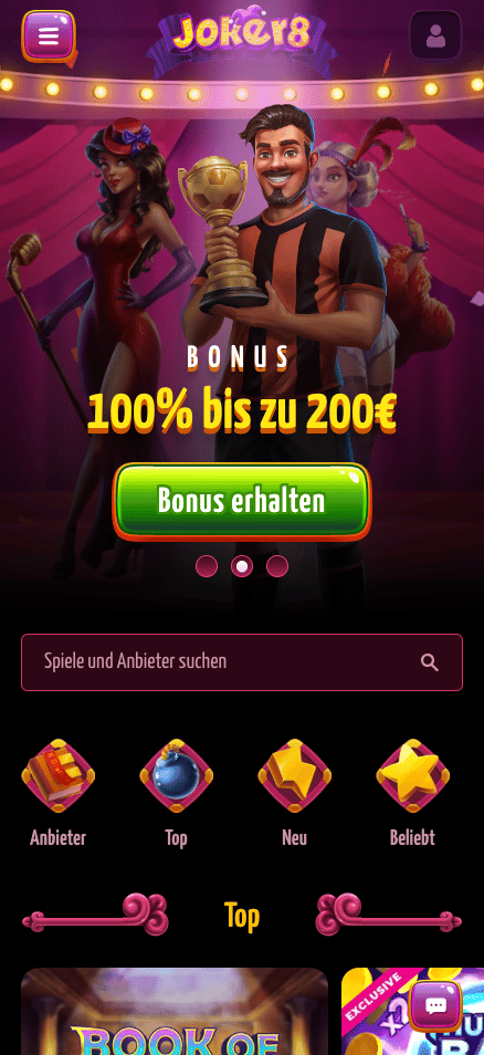 Startseite im Joker8 Casino zeigt Bonusangebot und top Spiele