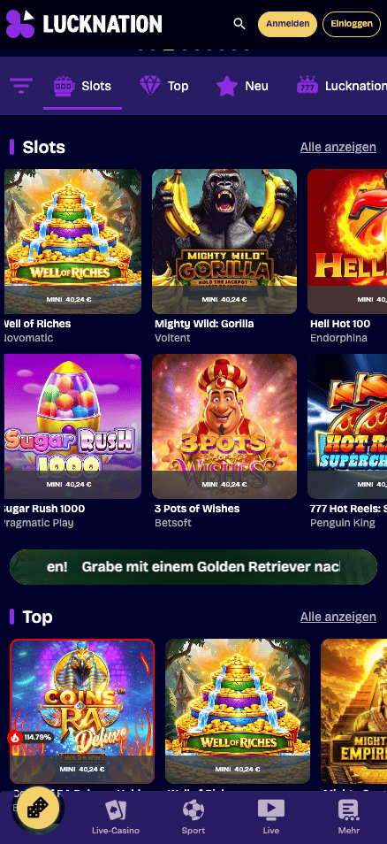 Spiellobby im LuckNation Casino zeigt Spiele wie Well of Riches neben anderen Spielkategorien