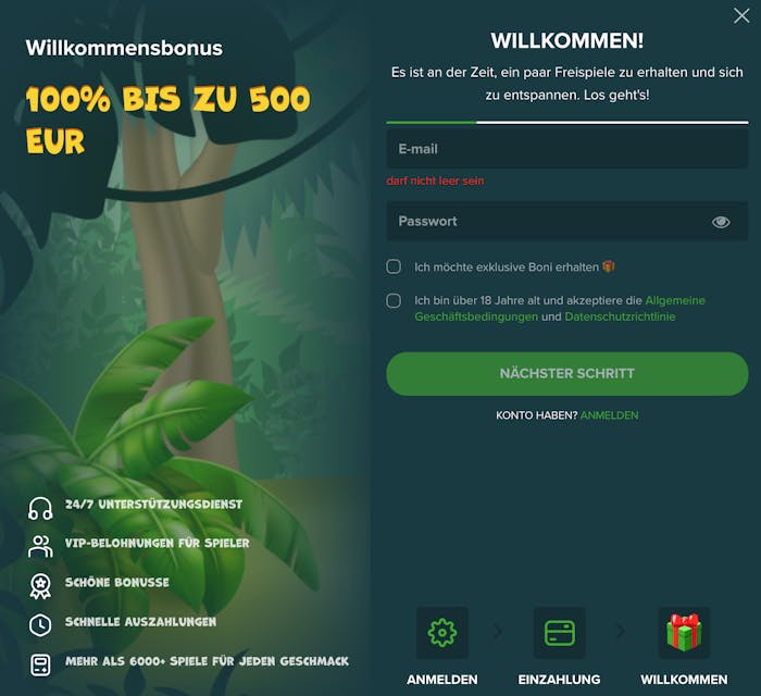 Anmeldeformular im Abo Casino
