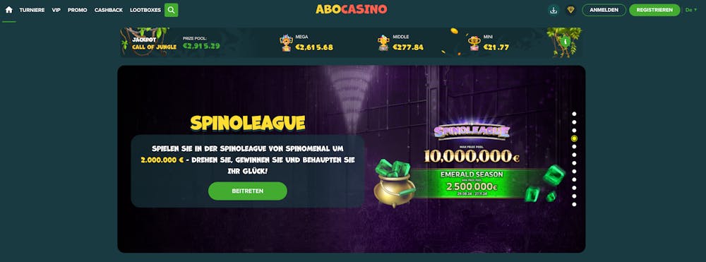 Startseite des Abo Casinos zeigt Spinoleague neben Casino Kategorien und Preispools