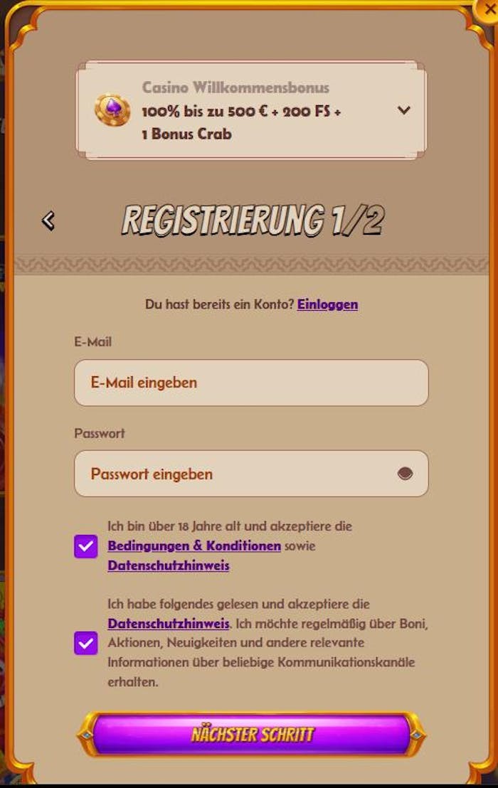 Anmeldeformular im Abuking Casino