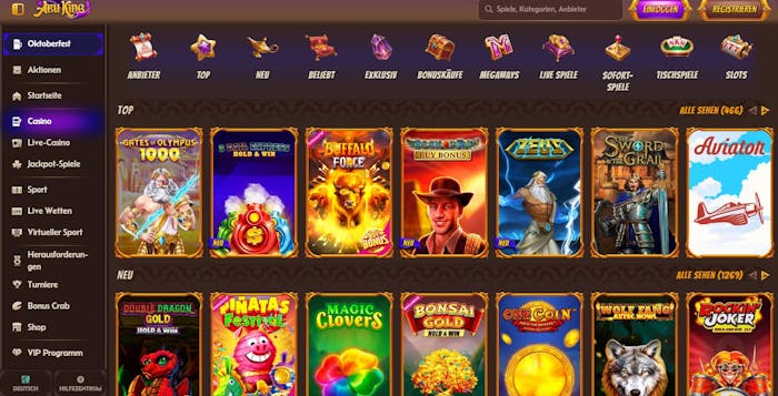 Spiellobby im Abuking Casino zeigt top Spiele wie Gates of Olympus 1000