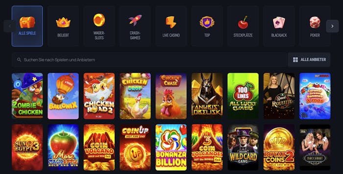 Spiellobby im Aerobet Casino zeigt Spiele wie Bonanza Billion neben anderen Spielkategorien