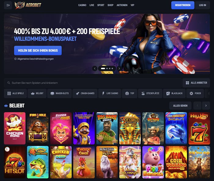 Aerobet Casino Startseite zeigt Spiele, Willkommensbonus und Casino Bereiche