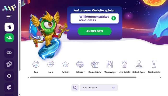 Startseite im Alf Casino zeigt Willkommensbonus und Spielkategorien