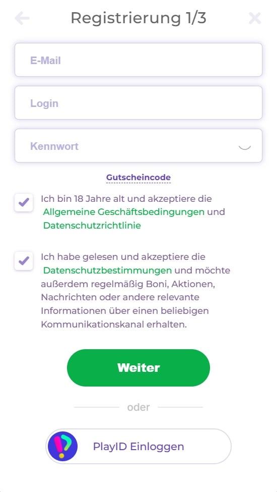 Anmledeformular im Alf Casino