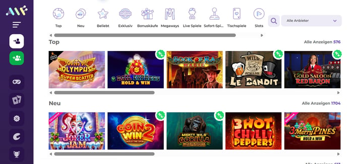 Spiellobby im Alf Casino zeigt top Spiele wie Book of Ra