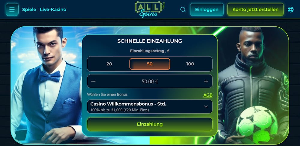 AllSpins Casino Startseite mit Anmeldebutton, Menü, Formular für schnelle Einzahlung