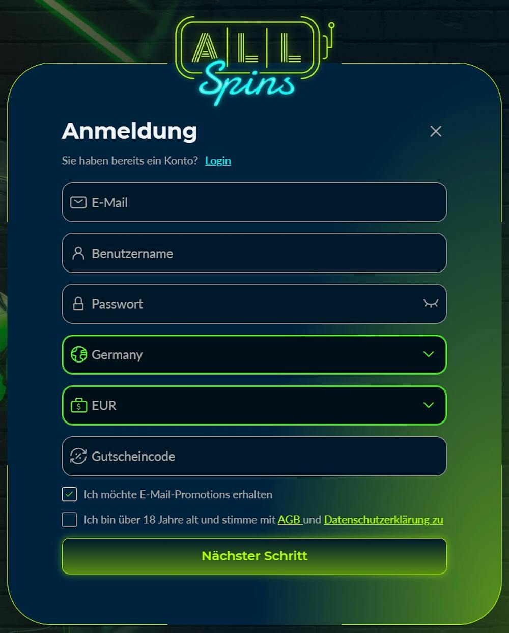 AllSpins Casino Anmeldeformular