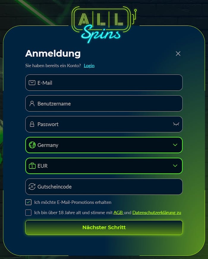 AllSpins Casino Anmeldeformular