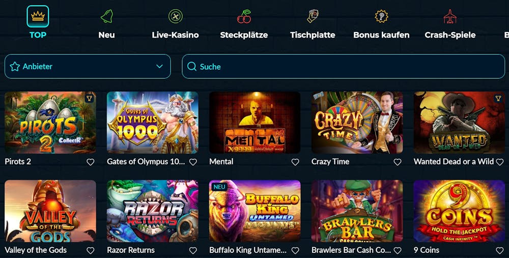 AllSpins Casino Spielelobby mit Kategorien, Anbieterfilter, Suchleiste