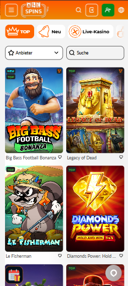 AllSpins Casino Spielelobby mit Kategorien, Anbieterfilter, Suchleiste