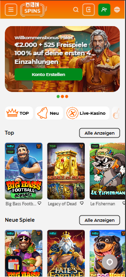 AllSpins Casino Startseite mit Anmeldebutton, Menü, Formular für schnelle Einzahlung