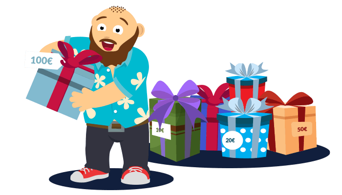 Grafik zeigt CasinoBernie im blauen Hawaiihemd und mit einem 100 Euro Geschenk unter dem Arm, welches den 100 Euro Bonus ohne Einzahlung darstellen soll.  Daneben sind 10, 20, 50 Euro Geschenkboxen für den Casino Bonus ohne Einzahlung.