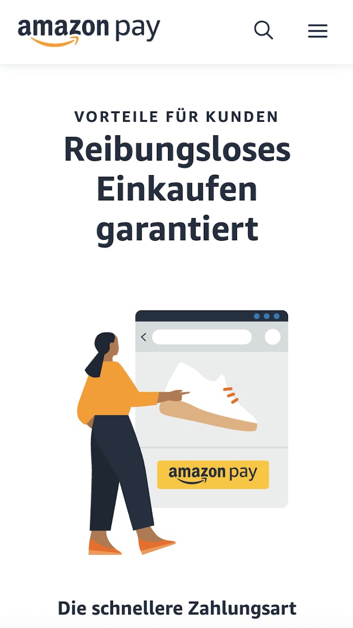 Amazon Pay Vorteile wie Schnelligkeit, Verfügbarkeit und Sicherheit