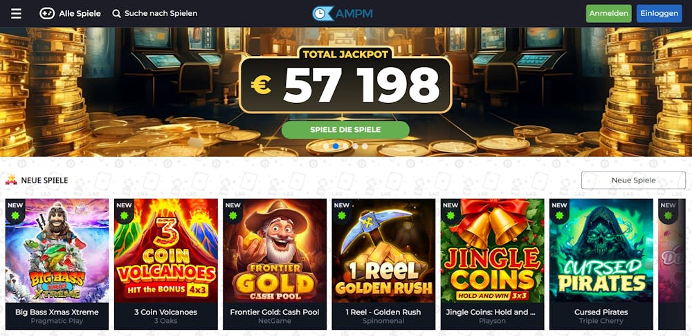 Startseite im AMPM Casino zeigt totalen Jackpot neben Spielen