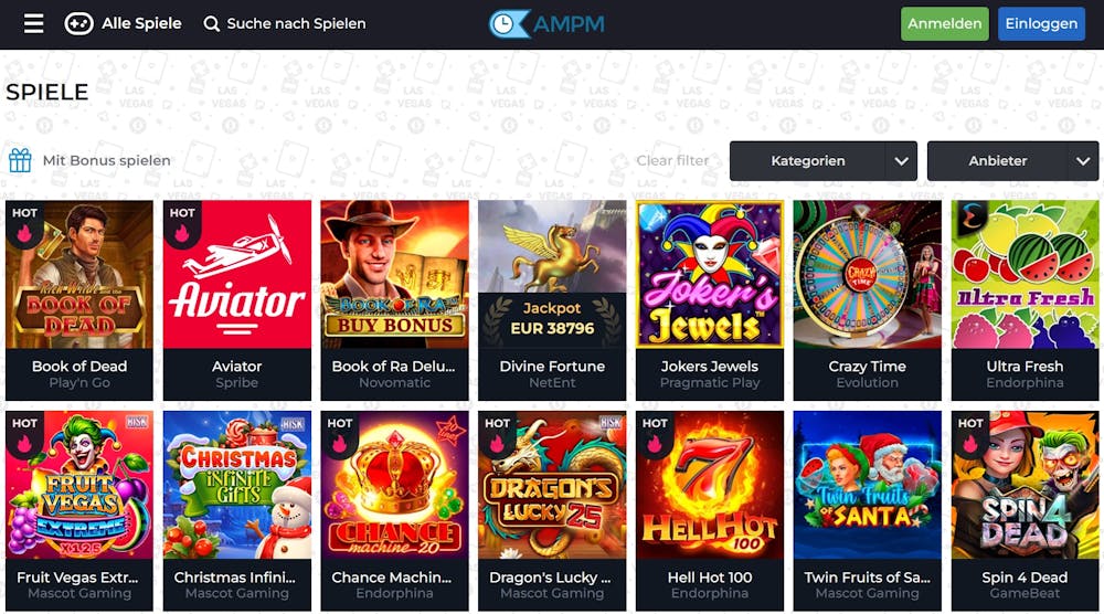 Spiellobby im AMPM Casino zeigt Spiele wie Book of Dead neben anderen Kategorien und Anbieterfilter