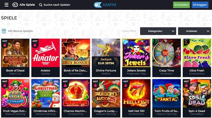 Spiellobby im AMPM Casino zeigt Spiele wie Book of Dead neben anderen Kategorien und Anbieterfilter