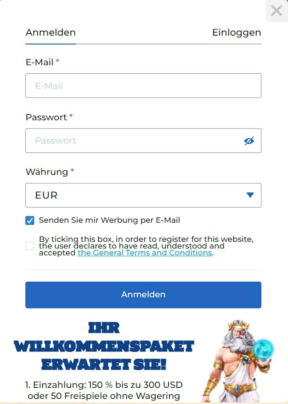 Anmeldeformular im AMPM Casino