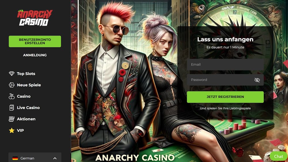 Anarchy Casino Startseite mit Menü, Anmeldebutton, Sprachauswahl