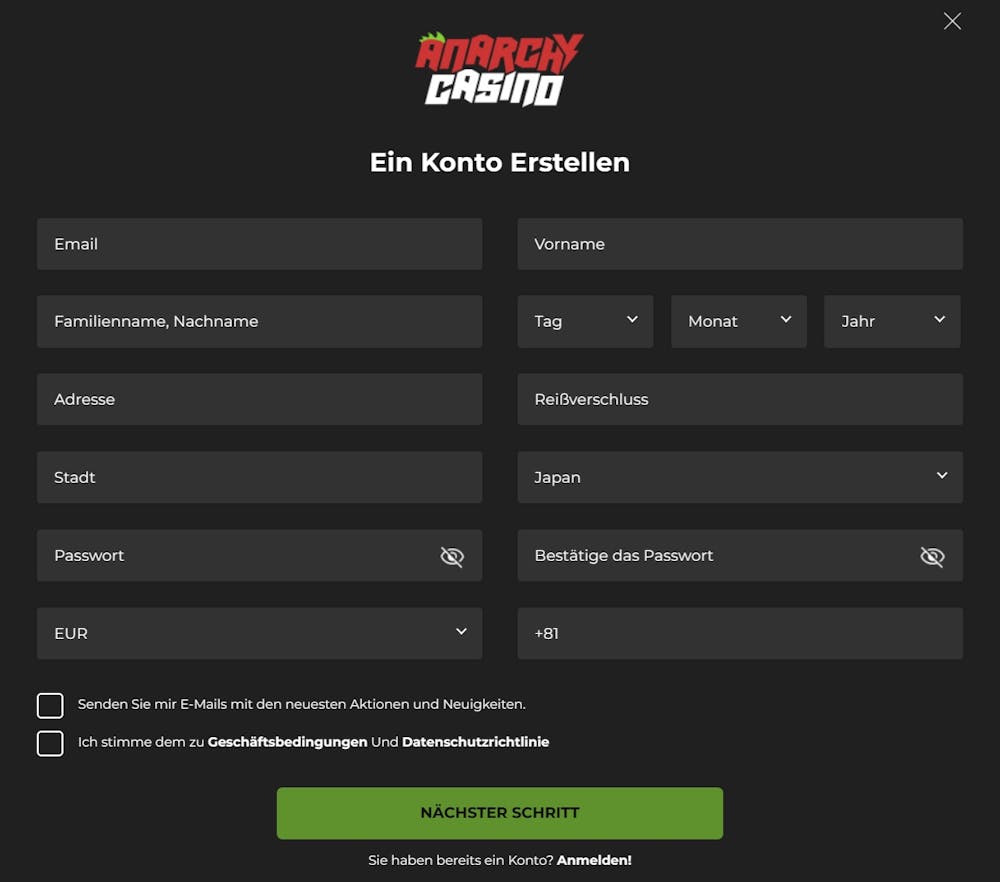 Anarchy Casino Registrierungsformular