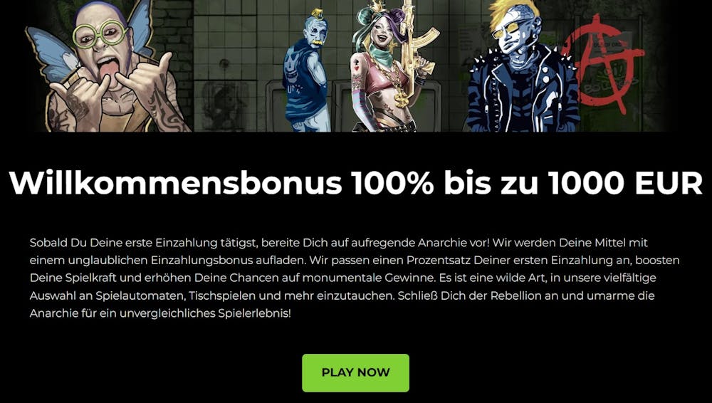 Anarchy Casino Willkommensbonus von 100 Prozent bis zu 1000 Euro